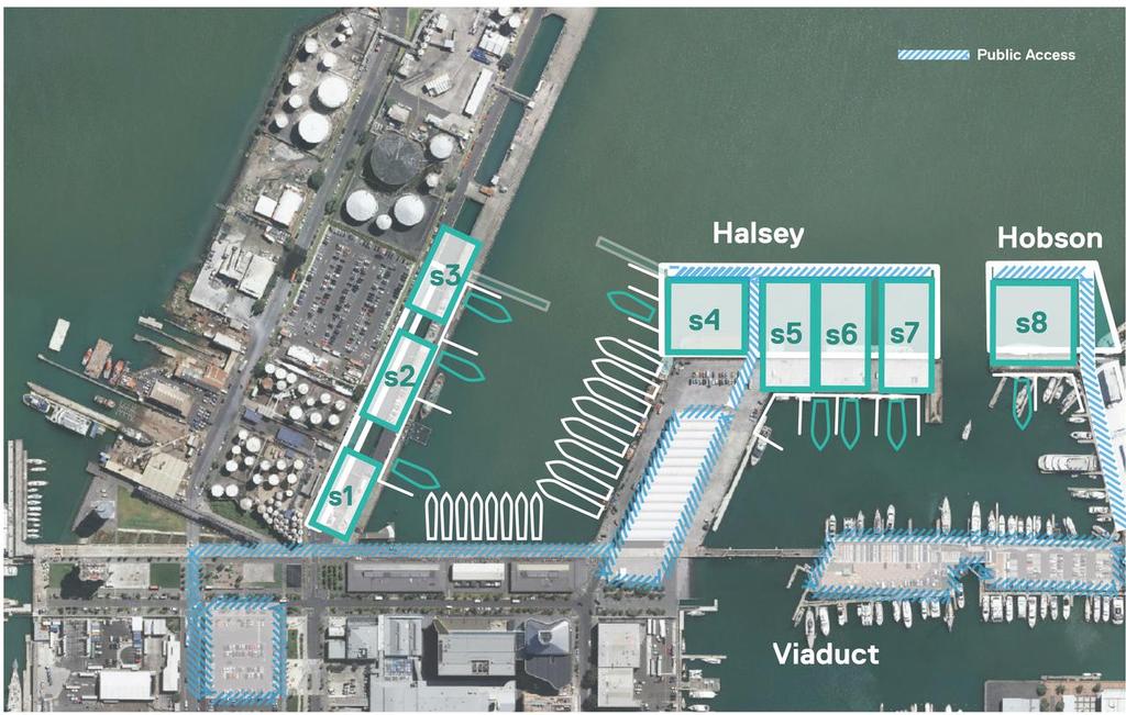 Wynyard Basin which isthe preferred option. It involves the closing of half of Brigham Street and for bases to be built across the closed street and hard against the silos. ETNZ is expected to take Site 8, all the other sites launching into the basis are for single boat teams, meaning the two-boat challengers will have Site 4 and the other sites on Brigham Street(eastern side of the Wynyard Viaduct). - photo © Auckland Council http://www.aucklandcouncil.govt.nz